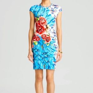 CLOVER CANYON Womens Blue Floral Cap Sleeve Jewel Neck Knee Length Wear To Work